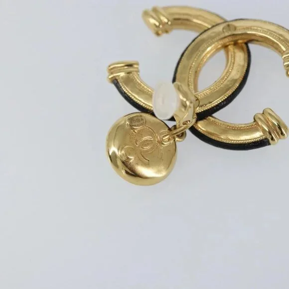 CHANEL COCO Mark Camelia Earring Metal Leather Gold CC Auth am9409 - Picture 7 of 16